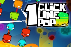 Farverige tegneseriefigurer og tekst med tallet 1 og ordene Click Line Pop i et dynamisk layout på en blå baggrund