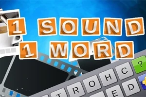 Teksten 1 SOUND 1 WORD står skrevet over billeder af filmstrimler og en digital tastatur
