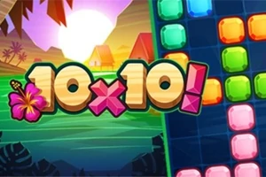 Farverige blokke arrangeret i et gitter ved siden af en solnedgang med teksten 10x10!