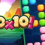 Farverige blokke arrangeret i et gitter ved siden af en solnedgang med teksten 10x10!