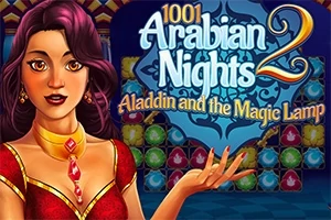 En kvinde med lilla hår og en rød kjole står foran en baggrund med farverige juveler, og teksten 1001 Arabian Nights 2 Aladdin and the Magic Lamp vises
