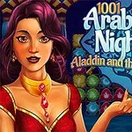 En kvinde med lilla hår og en rød kjole står foran en baggrund med farverige juveler, og teksten 1001 Arabian Nights 2 Aladdin and the Magic Lamp vises
