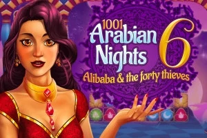 Kvinde med mørkt hår og rød kjole i en farverig orientalsk baggrund med teksten 1001 Arabian Nights 6 Alibaba & the forty thieves