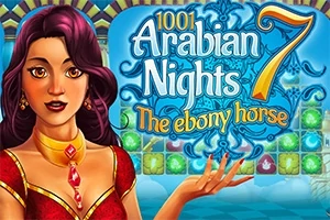 En kvinde med langt lilla hår og guldsmykker står foran en farverig baggrund med teksten 1001 Arabian Nights 7 The ebony horse