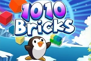 Tekst 1010 Bricks i farverige bogstaver med en glad pingvin og flydende farvede klodser på en isbaggrund
