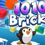 Tekst 1010 Bricks i farverige bogstaver med en glad pingvin og flydende farvede klodser på en isbaggrund