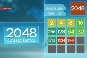 Blå og grøn baggrund med en 2048 spilleplade, score og tid øverst, og titlen 2048 Classic Edition til venstre