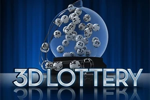 En glaskugle med nummererede kugler indeni og teksten 3D LOTTERY foran