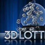 En glaskugle med nummererede kugler indeni og teksten 3D LOTTERY foran