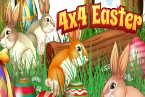 Farverige påskeæg og kaniner i græsset foran et træstamme med teksten 4x4 Easter