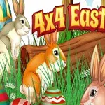 Farverige påskeæg og kaniner i græsset foran et træstamme med teksten 4x4 Easter