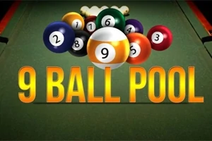 Billede af en klynge billardkugler med tal foran en grøn billardbordoverflade, og teksten 9 Ball Pool i gul