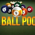 Billede af en klynge billardkugler med tal foran en grøn billardbordoverflade, og teksten 9 Ball Pool i gul