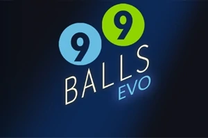 Illustration med teksten 99 Balls EVO i forskellige farver på en mørk blå baggrund