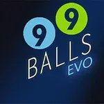 Illustration med teksten 99 Balls EVO i forskellige farver på en mørk blå baggrund