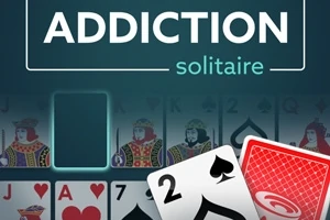 To spillekort, en spar to og en rødt kortbagside, foran en række kort med et tomt slot, med teksten ADDICTION solitaire øverst