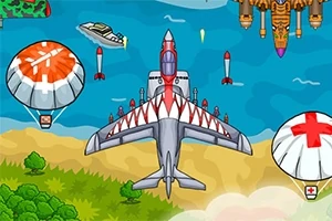 Et fly med rød-hvid maling flyver over et landskab med træer, vand og to faldskærme med orange og røde kors, ledsaget af missiler og en båd i det fjerne
