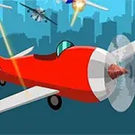 Et rødt fly i kamp mod andre fly med skud og eksplosioner i luften over en bysilhuet