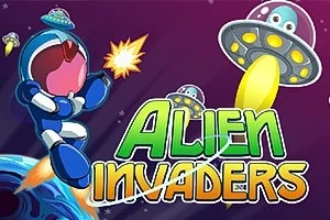 En tegneseriefigur i rumdragt skyder mod en UFO på en farverig baggrund med teksten Alien Invaders
