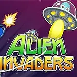 En tegneseriefigur i rumdragt skyder mod en UFO på en farverig baggrund med teksten Alien Invaders