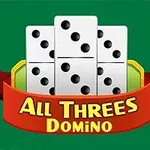 Fem domino-brikker stablet med en rød banner foran med teksten All Threes Domino på en grøn baggrund