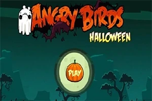Halloween-tema med teksten Angry Birds i orange og Halloween i gult, samt en play-knap formet som et græskar mod en mørk baggrund med træer