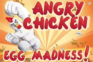 En vred hvid kylling med hævede knytnæver og teksten Angry Chicken Egg Madness!