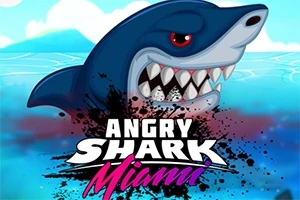 En stor haj med skarpe tænder og et aggressivt ansigtsudtryk dukker op af vandet over teksten Angry Shark Miami på en farverig baggrund