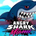 En stor haj med skarpe tænder og et aggressivt ansigtsudtryk dukker op af vandet over teksten Angry Shark Miami på en farverig baggrund