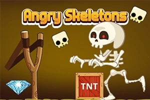 En illustration med en stor hvid skeletfigur, en slangebøsse, et blåt diamantikon, en TNT-kasse og to små flyvende kranier på en brun baggrund