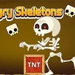 En illustration med en stor hvid skeletfigur, en slangebøsse, et blåt diamantikon, en TNT-kasse og to små flyvende kranier på en brun baggrund