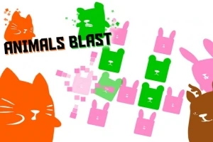 Farverige dyreillustrationer med teksten ANIMALS BLAST på en hvid baggrund, featuring en stor orange kat og mindre pink og grønne kaniner og bjørne