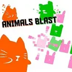 Farverige dyreillustrationer med teksten ANIMALS BLAST på en hvid baggrund, featuring en stor orange kat og mindre pink og grønne kaniner og bjørne