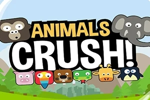 Tegneserieillustration med dyr, herunder en abe, elefant, gris, papegøje, bjørn, slange, giraf og pingvin med teksten Animals Crush!