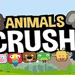 Tegneserieillustration med dyr, herunder en abe, elefant, gris, papegøje, bjørn, slange, giraf og pingvin med teksten Animals Crush!