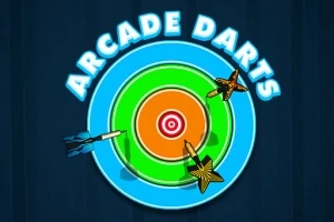 Illustration af dartskive med tre dartpile i forskellige farver og titelteksten Arcade Darts