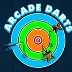 Illustration af dartskive med tre dartpile i forskellige farver og titelteksten Arcade Darts