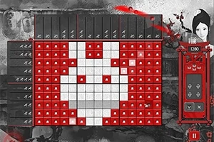 Grid med et pixelkunstbillede af en hvid kanin mod en rød baggrund, flankeret af tal på både lodrette og vandrette akser, samt en stiliseret geisha på højre side