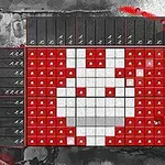 Grid med et pixelkunstbillede af en hvid kanin mod en rød baggrund, flankeret af tal på både lodrette og vandrette akser, samt en stiliseret geisha på højre side