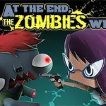 En animeret zombie med rødt hår står over for en person med lilla hår og briller, der peger en pistol i en dramatisk konfrontation