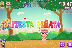 Farverig scene med en lille figur, der rammer en piñata under et banner med teksten FIESTA PIÑATA omgivet af træer og farverige dekorationer