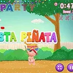 Farverig scene med en lille figur, der rammer en piñata under et banner med teksten FIESTA PIÑATA omgivet af træer og farverige dekorationer