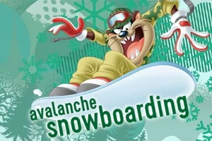 Tegnefilmfigur snowboarding iført gule bukser og briller mod en grøn og hvid baggrund