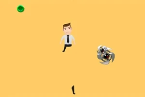 Mand i hvid skjorte og slips går mod en robotlignende figur på en gul baggrund med en grøn cirkel i hjørnet
