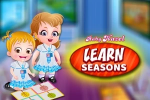 To tegneseriefigurer i skoleuniform foran et farverigt skilt med teksten Learn Seasons