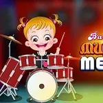 En tegneseriepige står ved et trommesæt med teksten Baby Hazel Musical Melody ved siden af