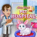 En illustreret læge med et clipboard står ved siden af en smilende pige og en hvid kanin i en hospitalsstue