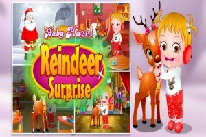 Et lille barn iført rød-hvide vinterklæder står med et rensdyr foran en collage med juletema og teksten Reindeer Surprise