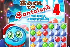 Blå kugle med nissehue og farverige julestemte objekter i gitter med teksten Back to Santaland 4 og Merry Christmas