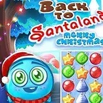 Blå kugle med nissehue og farverige julestemte objekter i gitter med teksten Back to Santaland 4 og Merry Christmas